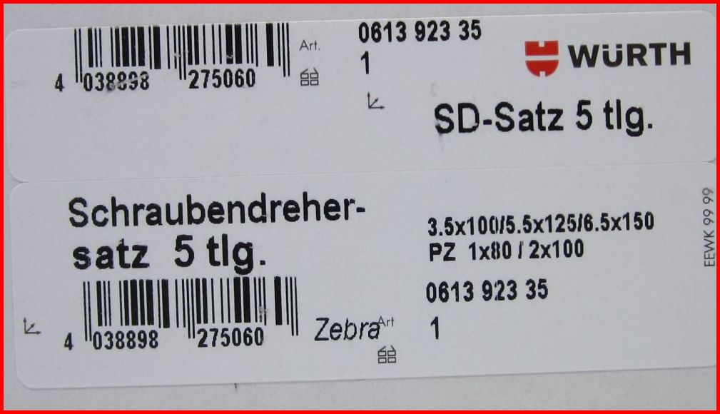 Würth Schraubendreher Satz Schraubenzieher Set 5tlg Zebra 061392335